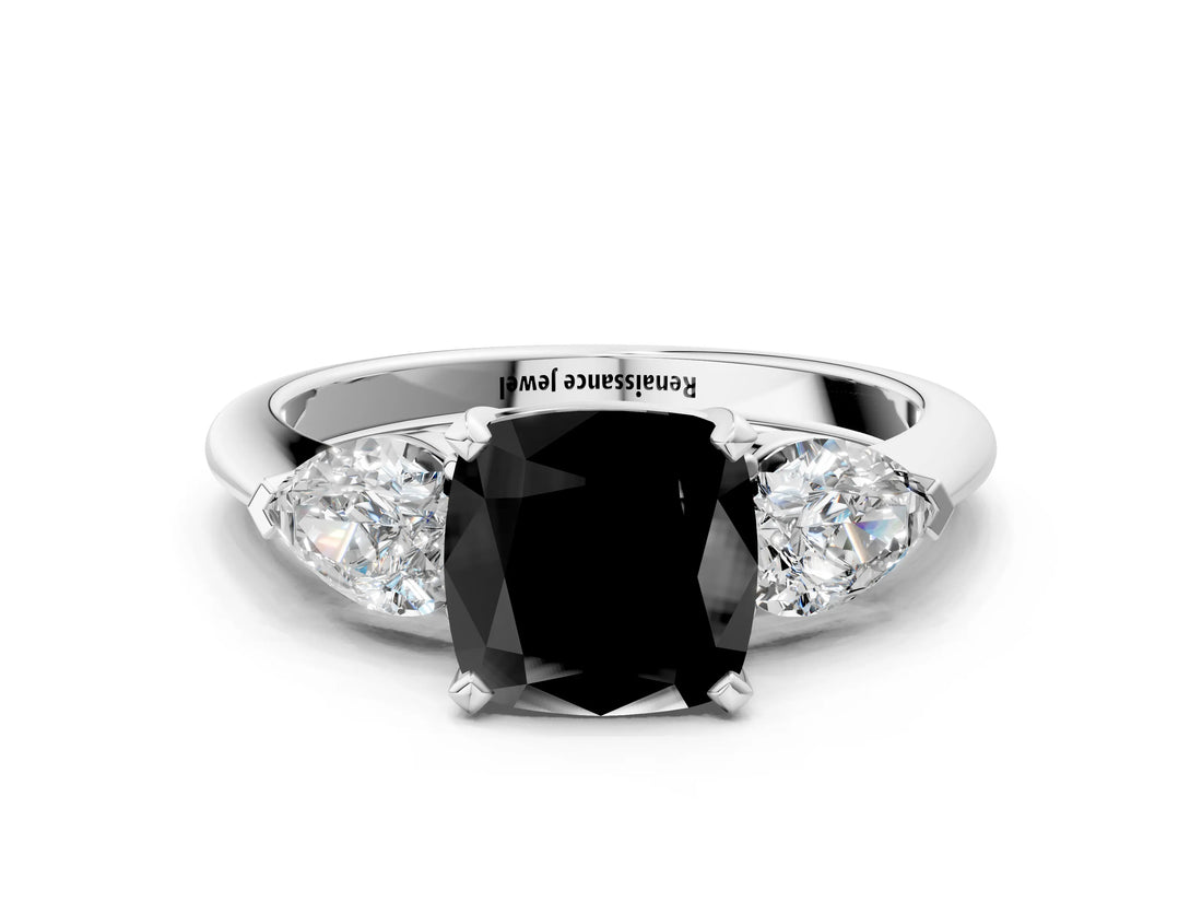 White gold Three-Stone Fancy Black Cushion Cut Diamond Ring with Pear Side Stones and Four-Prong Setting
