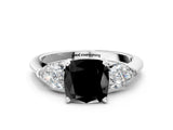 White gold Three-Stone Fancy Black Cushion Cut Diamond Ring with Pear Side Stones and Four-Prong Setting