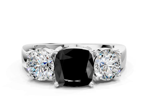 White gold Three-Stone Fancy Black Cushion Cut Diamond Ring with Round Side Stones, Classic Band, and Four-Prong Setting_12