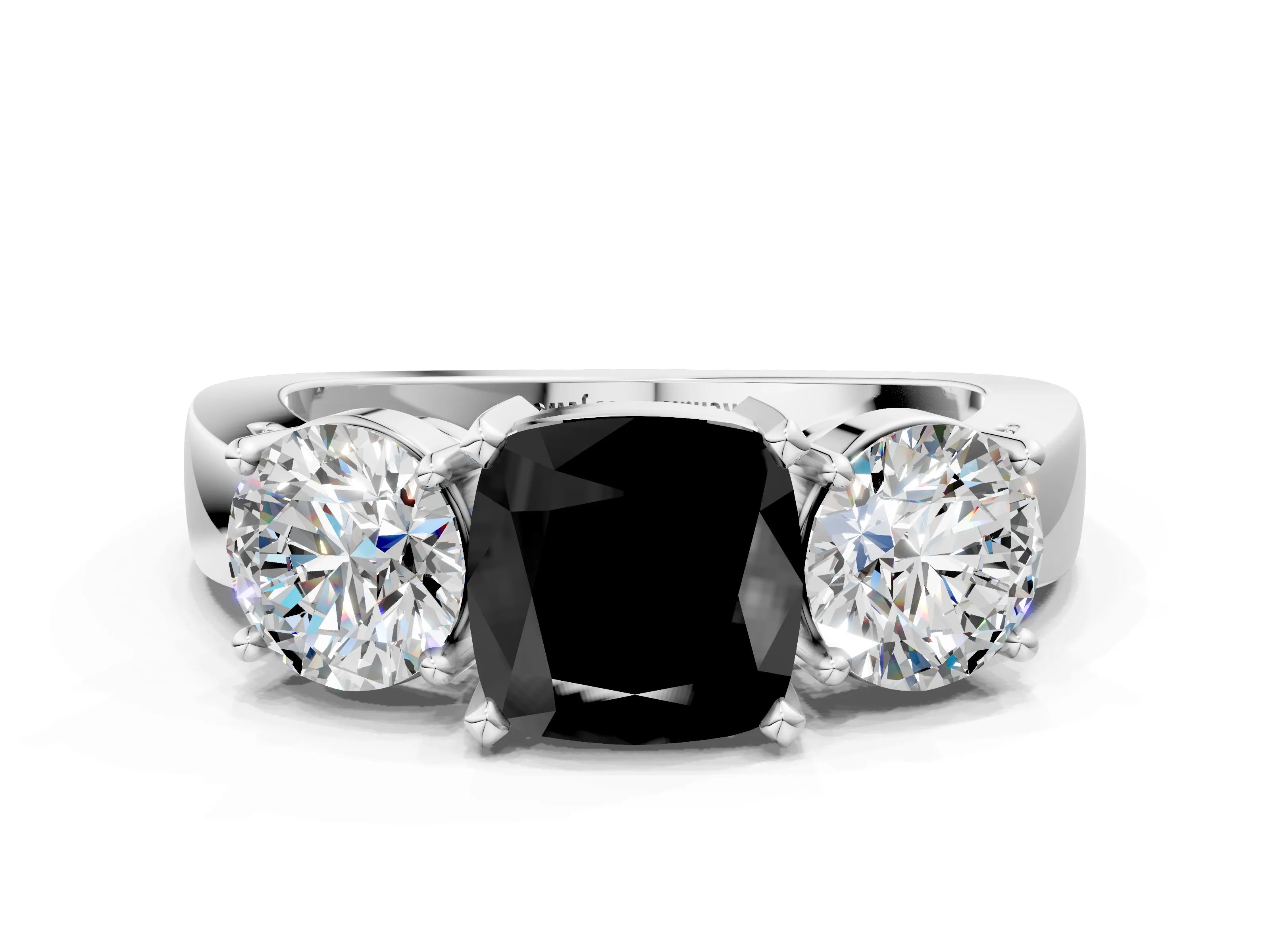 White gold Three-Stone Fancy Black Cushion Cut Diamond Ring with Round Side Stones, Classic Band, and Four-Prong Setting_12