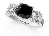 White gold Three-Stone Fancy Black Cushion Cut Diamond Ring with Round Side Stones, Classic Band, and Four-Prong Setting_13