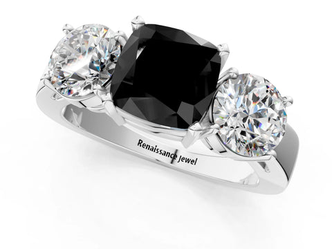 White gold Three-Stone Fancy Black Cushion Cut Diamond Ring with Round Side Stones, Classic Band, and Four-Prong Setting_13