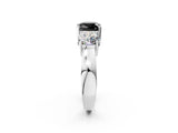 White gold Three-Stone Fancy Black Cushion Cut Diamond Ring with Round Side Stones, Classic Band, and Four-Prong Setting_14