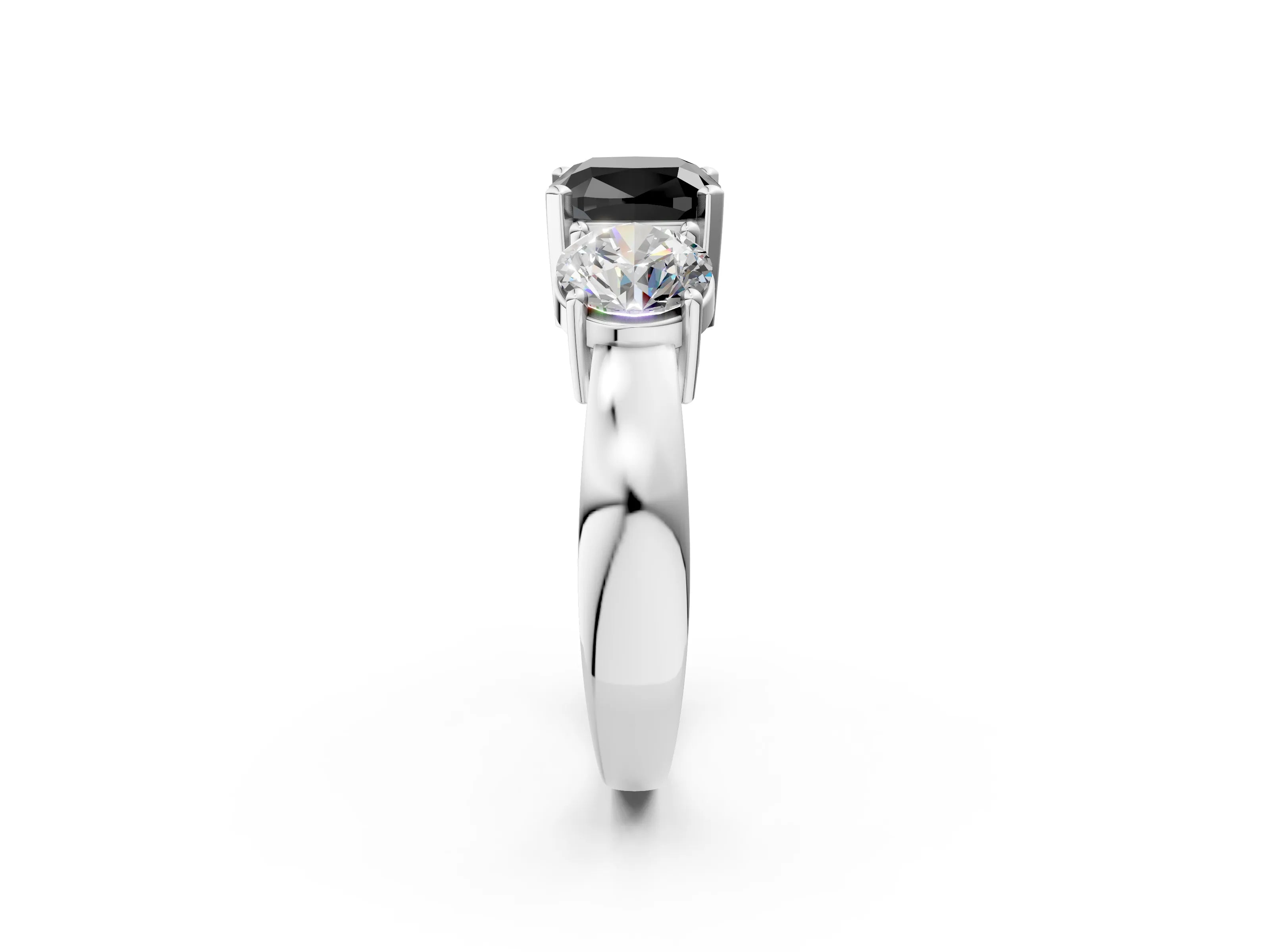 White gold Three-Stone Fancy Black Cushion Cut Diamond Ring with Round Side Stones, Classic Band, and Four-Prong Setting_14