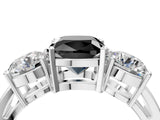 White gold Three-Stone Fancy Black Cushion Cut Diamond Ring with Round Side Stones, Classic Band, and Four-Prong Setting_16