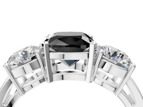 White gold Three-Stone Fancy Black Cushion Cut Diamond Ring with Round Side Stones, Classic Band, and Four-Prong Setting_16