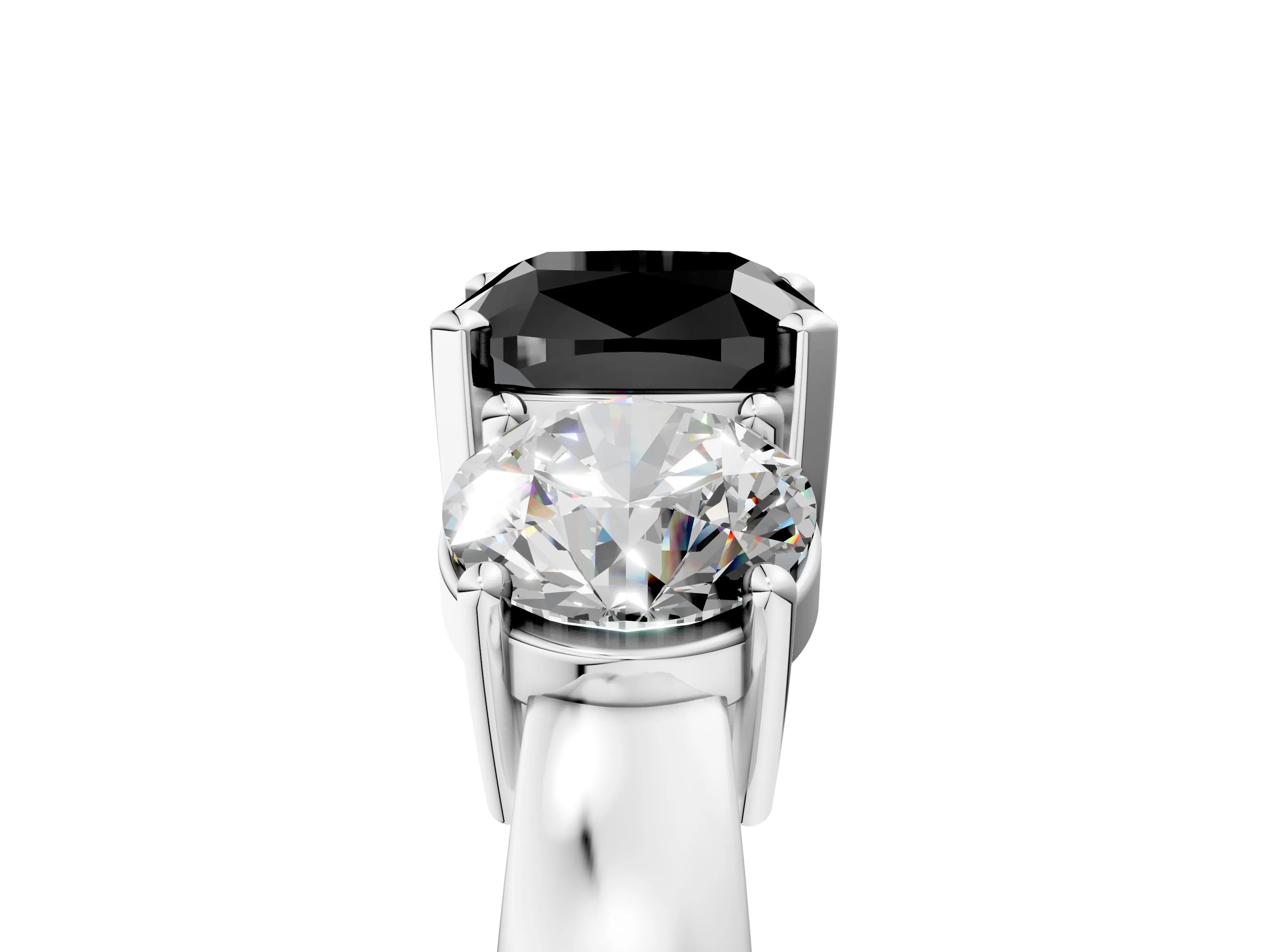 White gold Three-Stone Fancy Black Cushion Cut Diamond Ring with Round Side Stones, Classic Band, and Four-Prong Setting_17