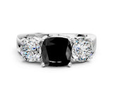 White gold Three-Stone Fancy Black Cushion Cut Diamond Ring with Round Side Stones, Classic Band, and Four-Prong Setting_24