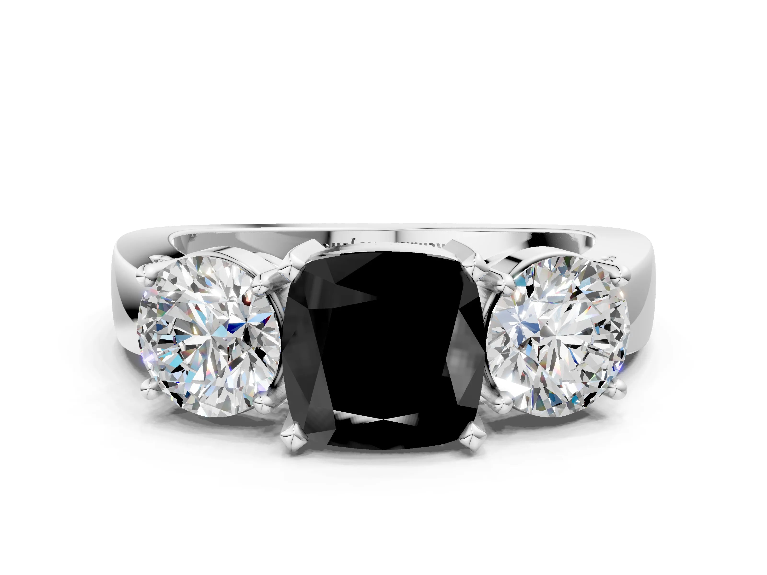White gold Three-Stone Fancy Black Cushion Cut Diamond Ring with Round Side Stones, Classic Band, and Four-Prong Setting_24