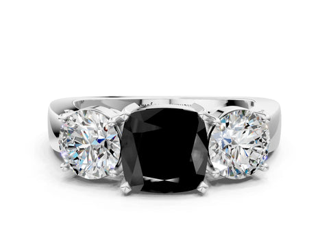 White gold Three-Stone Fancy Black Cushion Cut Diamond Ring with Round Side Stones, Classic Band, and Four-Prong Setting_24