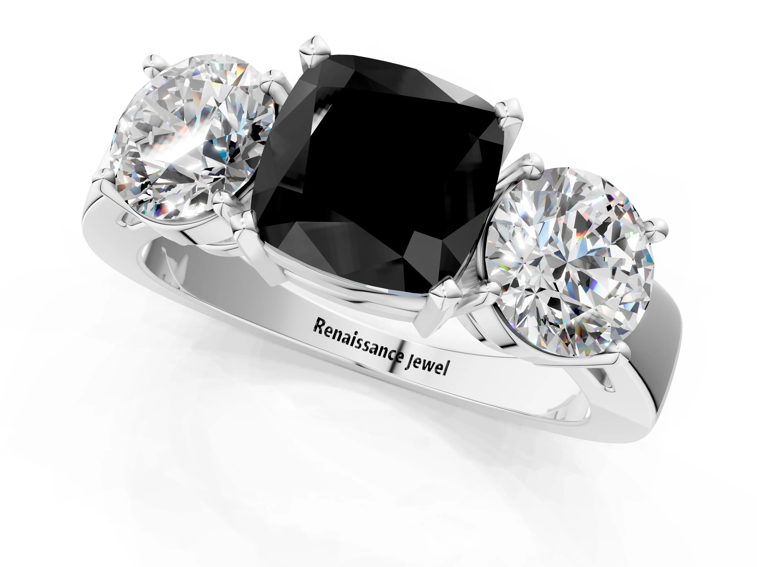White gold Three-Stone Fancy Black Cushion Cut Diamond Ring with Round Side Stones, Classic Band, and Four-Prong Setting_25