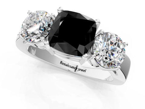 White gold Three-Stone Fancy Black Cushion Cut Diamond Ring with Round Side Stones, Classic Band, and Four-Prong Setting_25