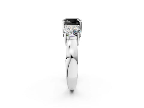 White gold Three-Stone Fancy Black Cushion Cut Diamond Ring with Round Side Stones, Classic Band, and Four-Prong Setting_26