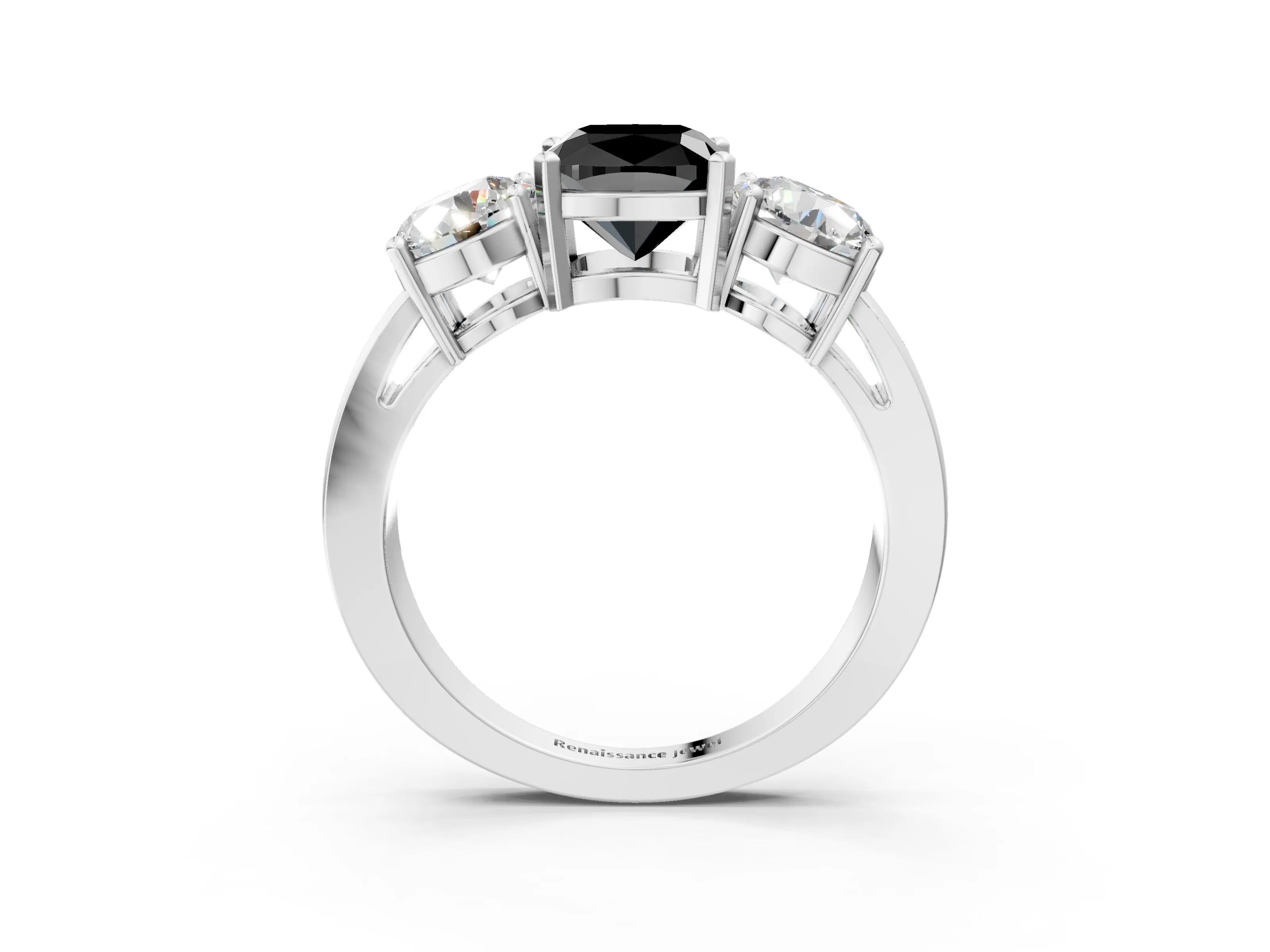White gold Three-Stone Fancy Black Cushion Cut Diamond Ring with Round Side Stones, Classic Band, and Four-Prong Setting_27