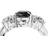 White gold Three-Stone Fancy Black Cushion Cut Diamond Ring with Round Side Stones, Classic Band, and Four-Prong Setting_28