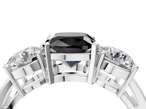 White gold Three-Stone Fancy Black Cushion Cut Diamond Ring with Round Side Stones, Classic Band, and Four-Prong Setting_28