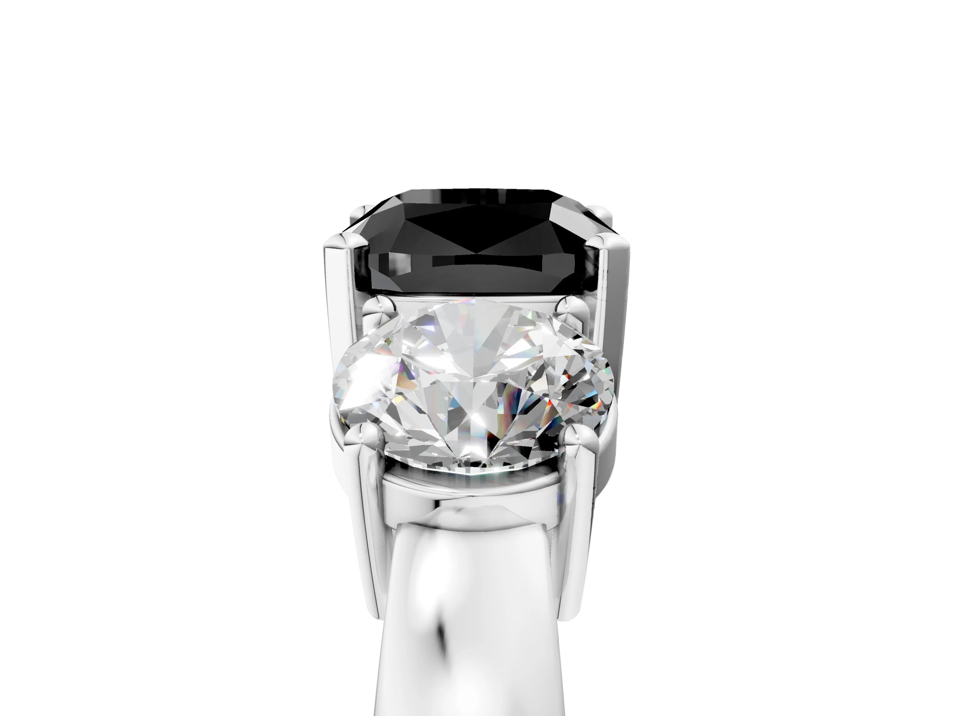 White gold Three-Stone Fancy Black Cushion Cut Diamond Ring with Round Side Stones, Classic Band, and Four-Prong Setting_29