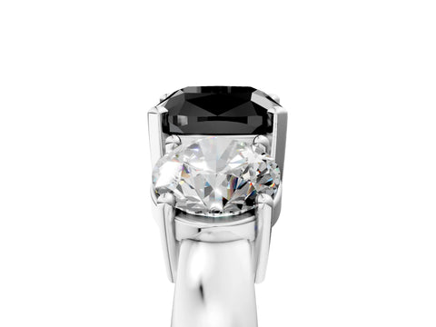 White gold Three-Stone Fancy Black Cushion Cut Diamond Ring with Round Side Stones, Classic Band, and Four-Prong Setting_29