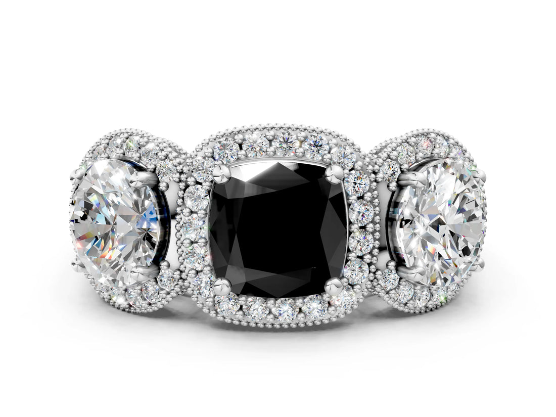White gold Three-Stone Fancy Black Cushion Cut Halo Diamond Milgrain Band with Four-Prong Setting