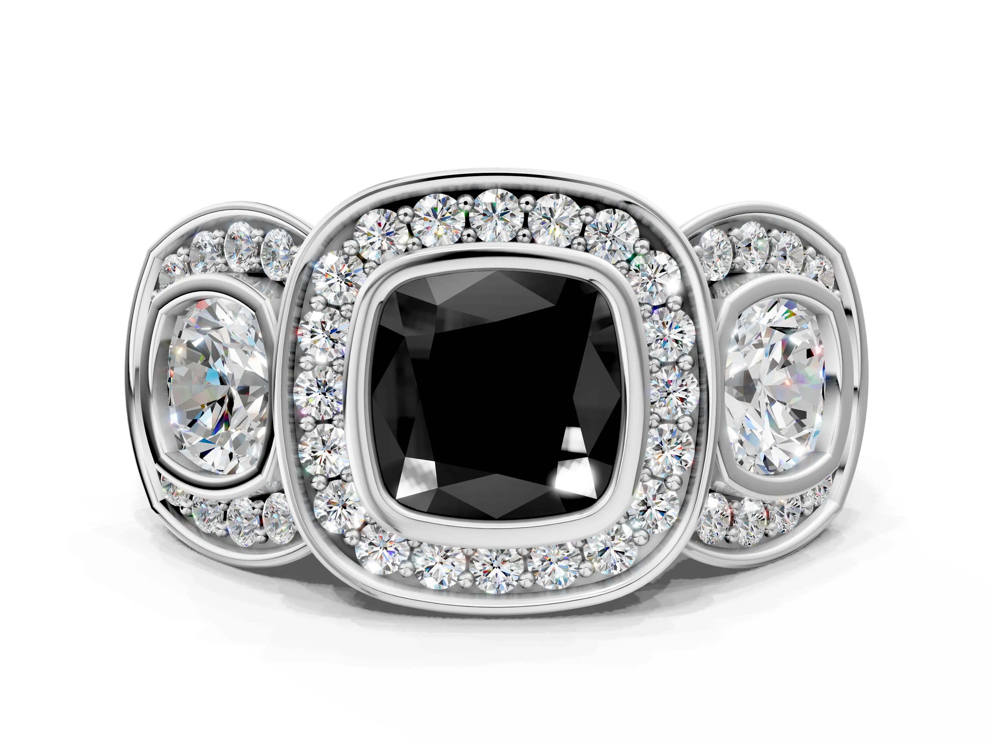 White gold Three-Stone Fancy Black Cushion Cut Halo Pavé Diamond Ring_12