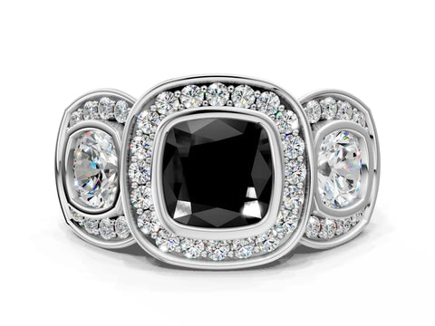 White gold Three-Stone Fancy Black Cushion Cut Halo Pavé Diamond Ring_12