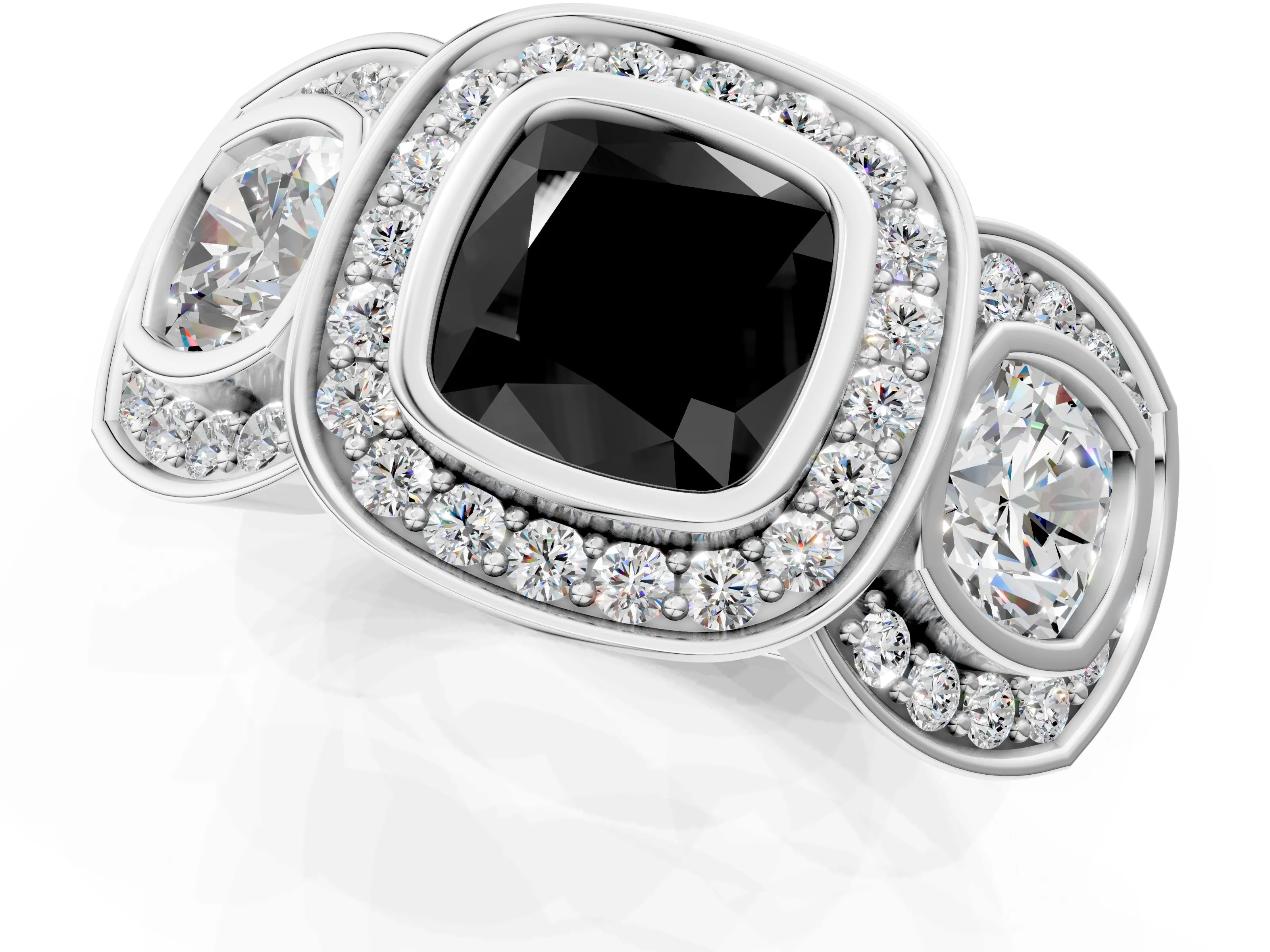 White gold Three-Stone Fancy Black Cushion Cut Halo Pavé Diamond Ring_13