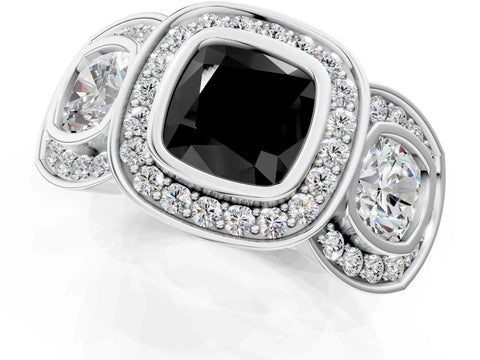 White gold Three-Stone Fancy Black Cushion Cut Halo Pavé Diamond Ring_13