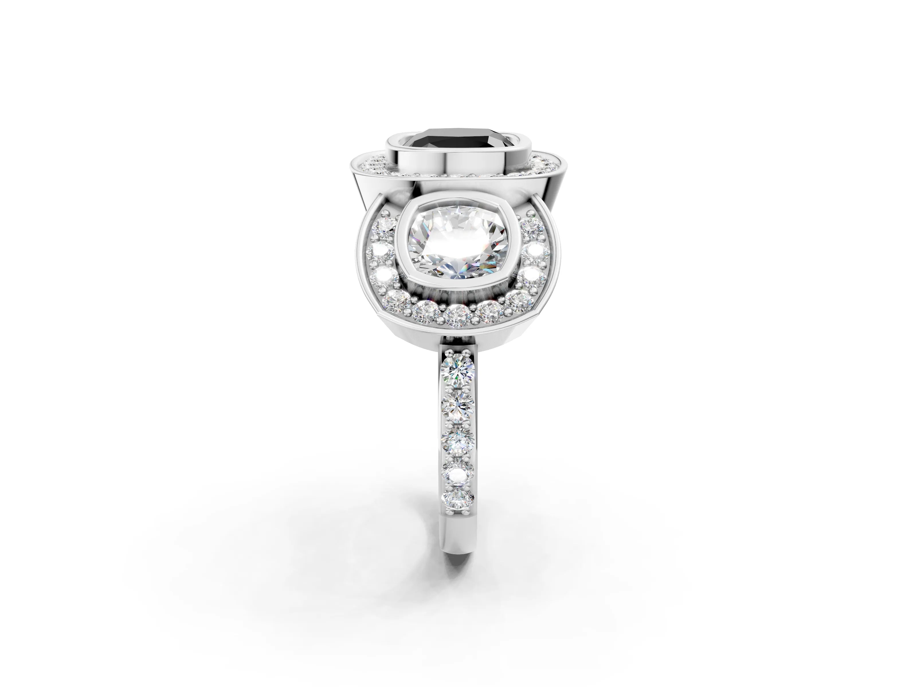 White gold Three-Stone Fancy Black Cushion Cut Halo Pavé Diamond Ring_14