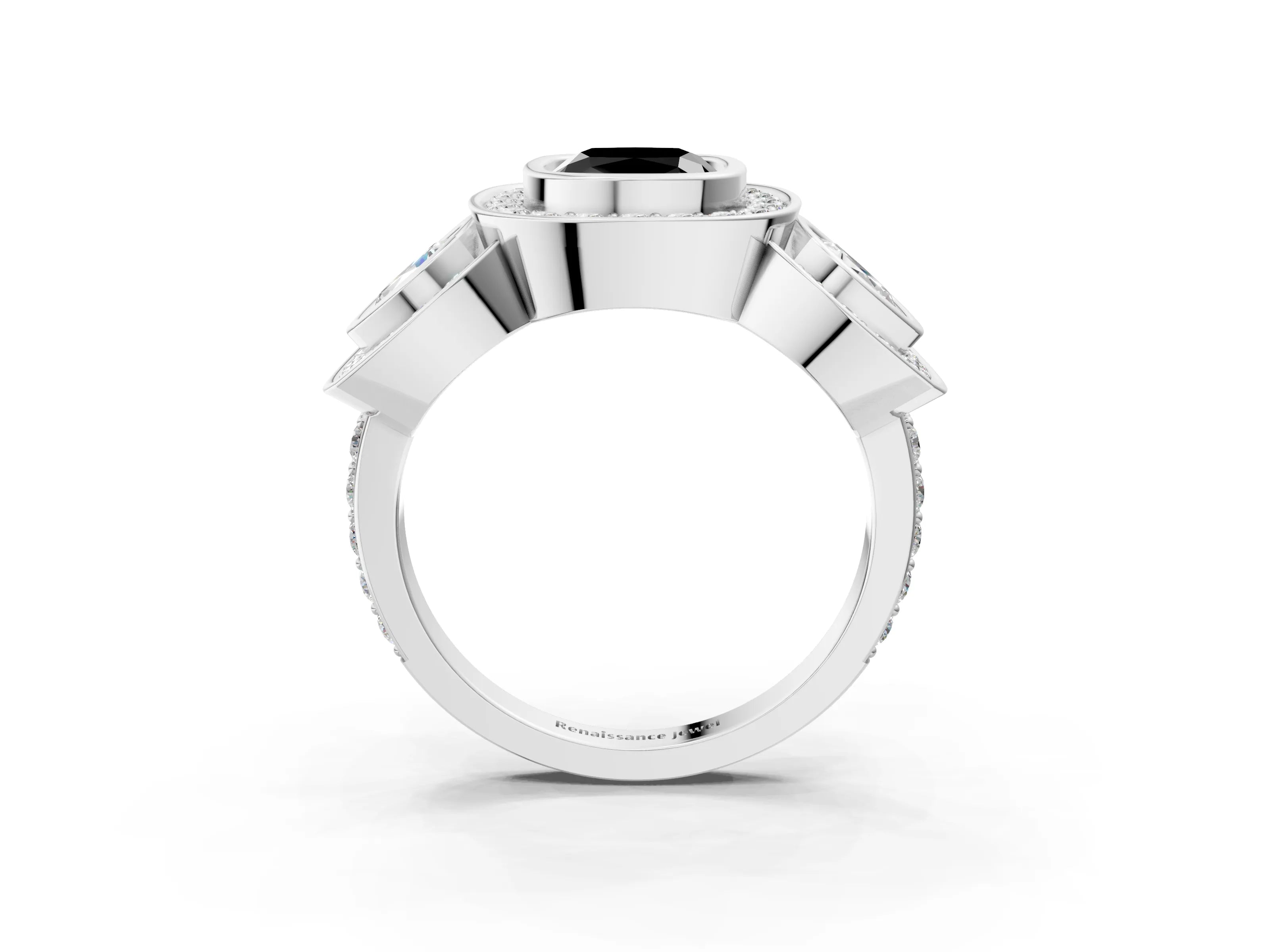 White gold Three-Stone Fancy Black Cushion Cut Halo Pavé Diamond Ring_15