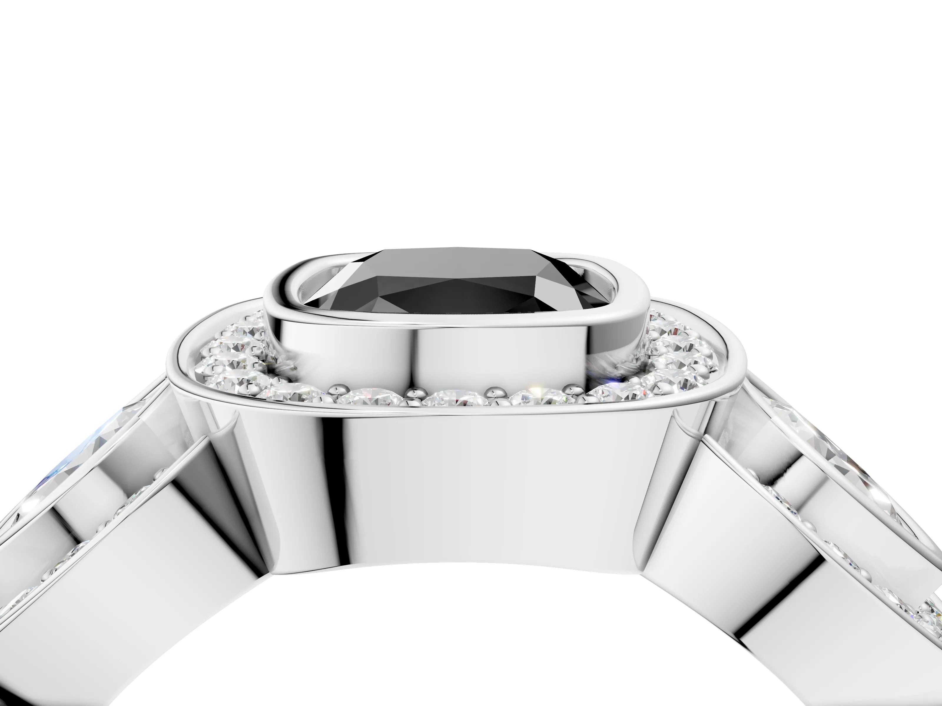 White gold Three-Stone Fancy Black Cushion Cut Halo Pavé Diamond Ring_16