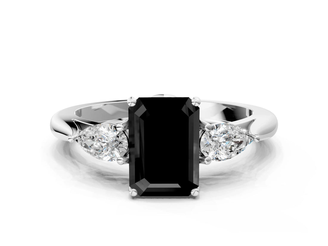 White gold Three-Stone Fancy Black Emerald Cut Brilliant Diamond Solitaire Ring with Tapered Band and Four-Prong Setting_19
