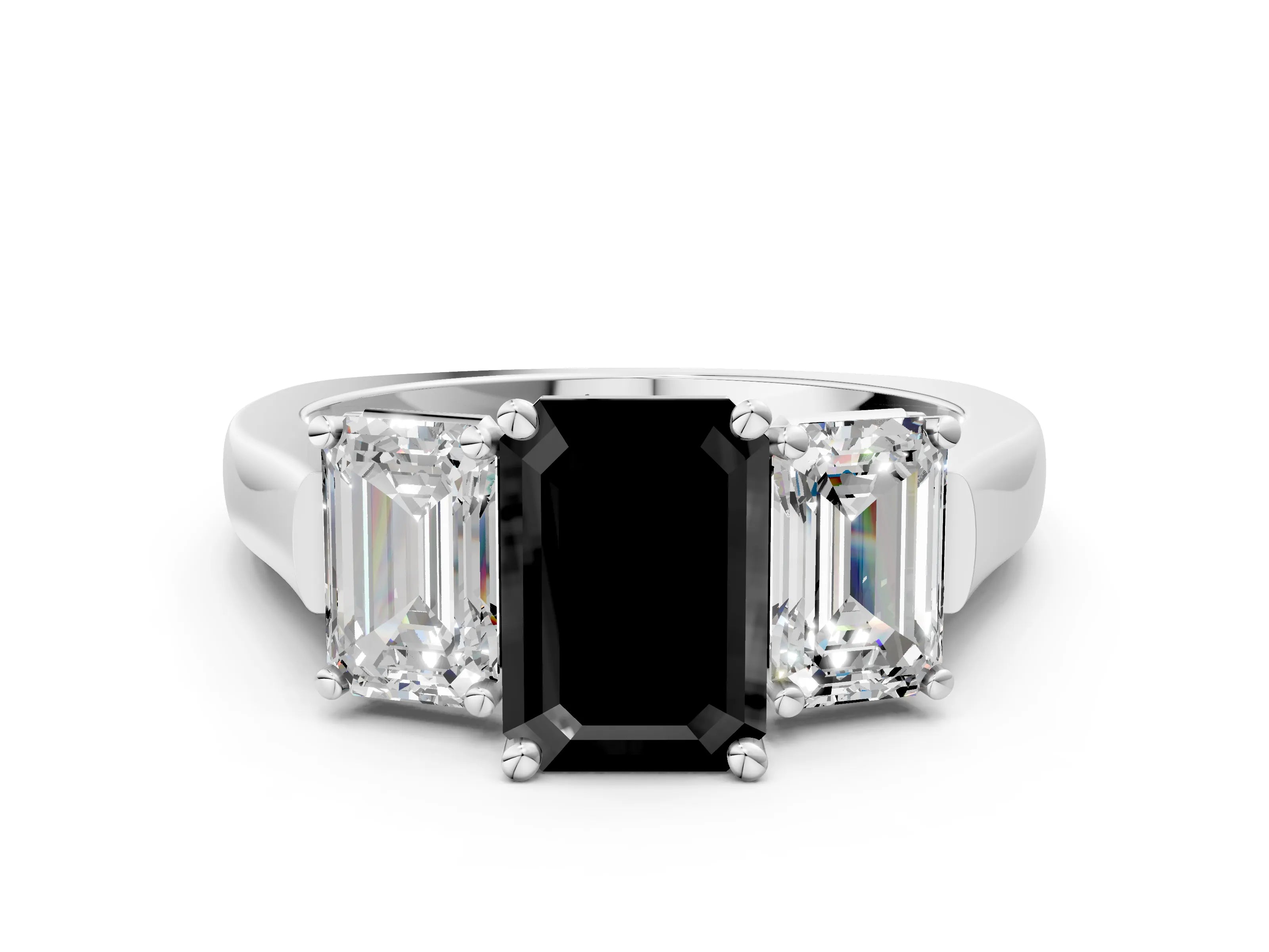 White gold Three-Stone Fancy Black Emerald Cut Brilliant Diamond Trellis Ring with Comfort Fit Band_12