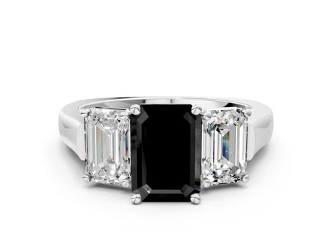 White gold Three-Stone Fancy Black Emerald Cut Brilliant Diamond Trellis Ring with Comfort Fit Band_12