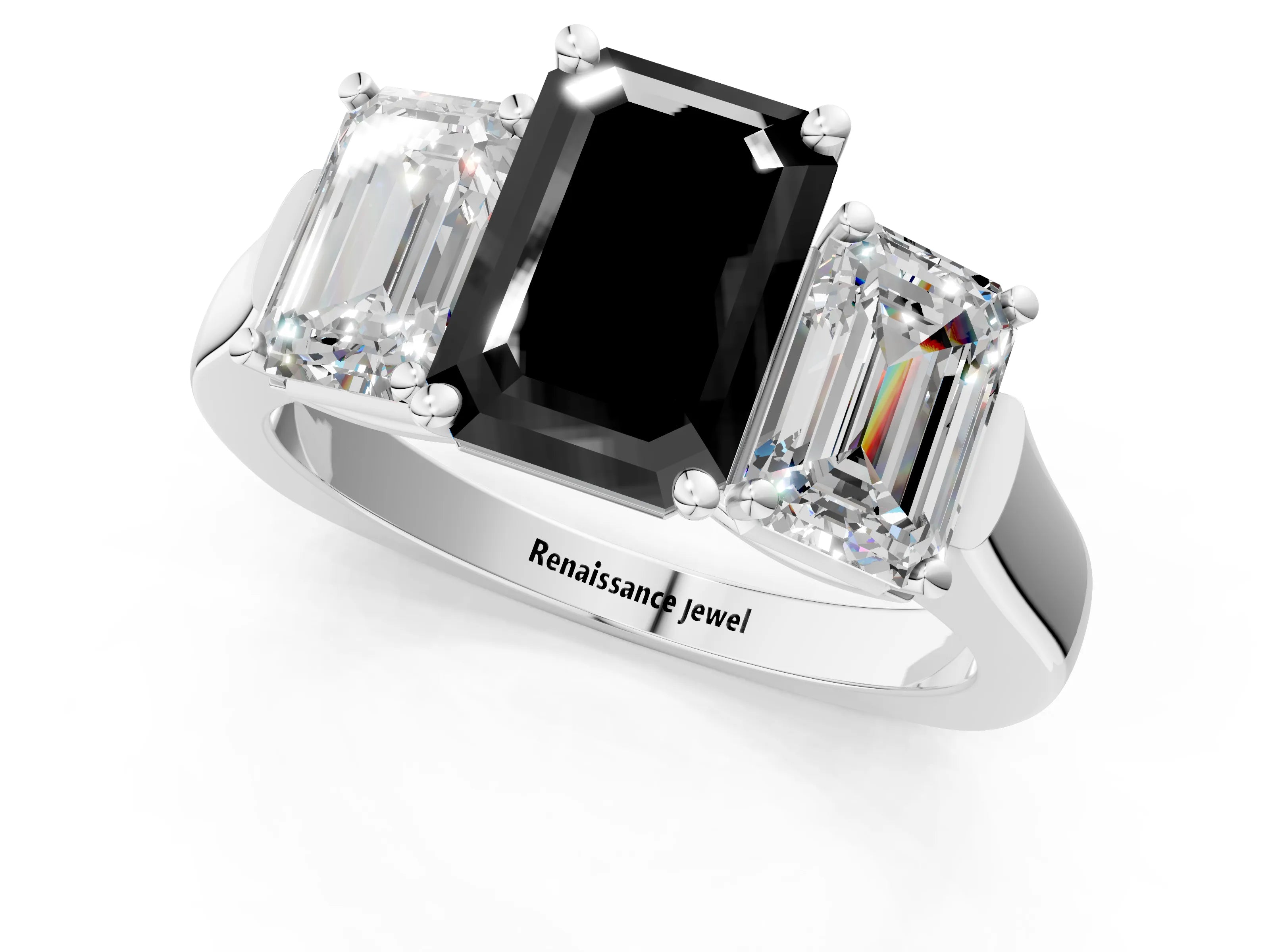 White gold Three-Stone Fancy Black Emerald Cut Brilliant Diamond Trellis Ring with Comfort Fit Band_13