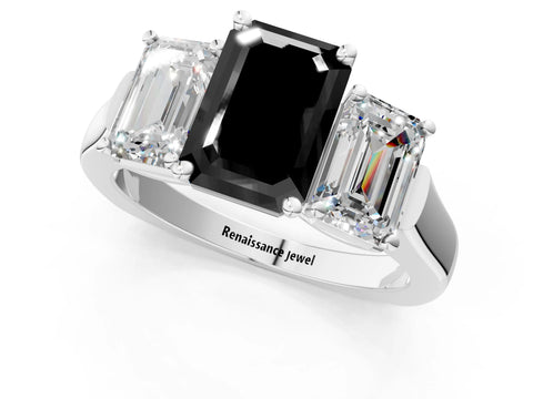 White gold Three-Stone Fancy Black Emerald Cut Brilliant Diamond Trellis Ring with Comfort Fit Band_13