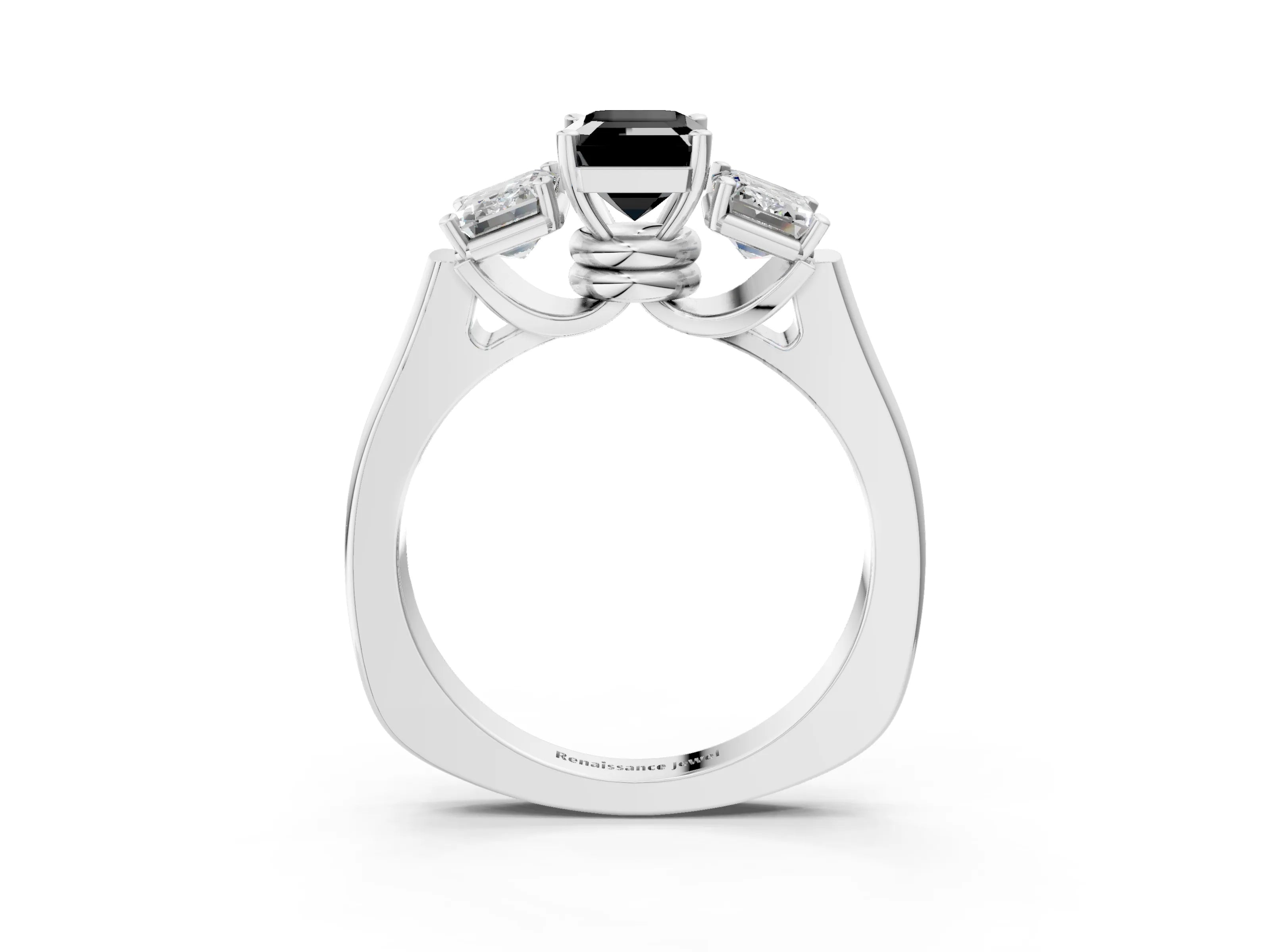White gold Three-Stone Fancy Black Emerald Cut Brilliant Diamond Trellis Ring with Comfort Fit Band_15