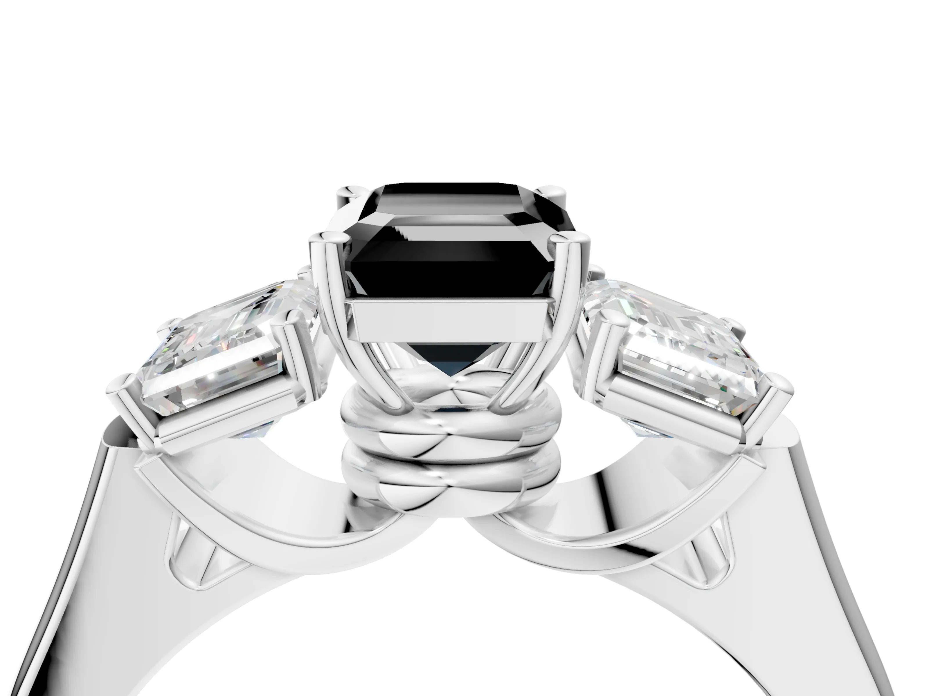 White gold Three-Stone Fancy Black Emerald Cut Brilliant Diamond Trellis Ring with Comfort Fit Band_16