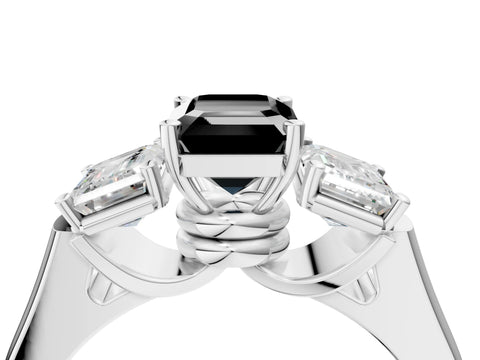 White gold Three-Stone Fancy Black Emerald Cut Brilliant Diamond Trellis Ring with Comfort Fit Band_16