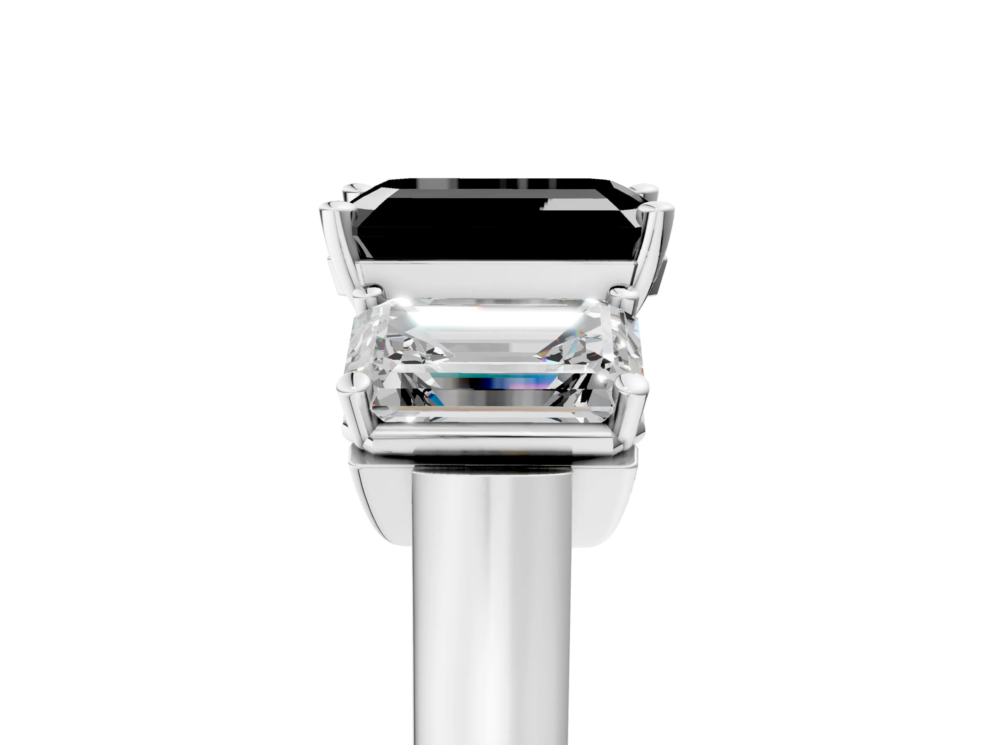 White gold Three-Stone Fancy Black Emerald Cut Brilliant Diamond Trellis Ring with Comfort Fit Band_17