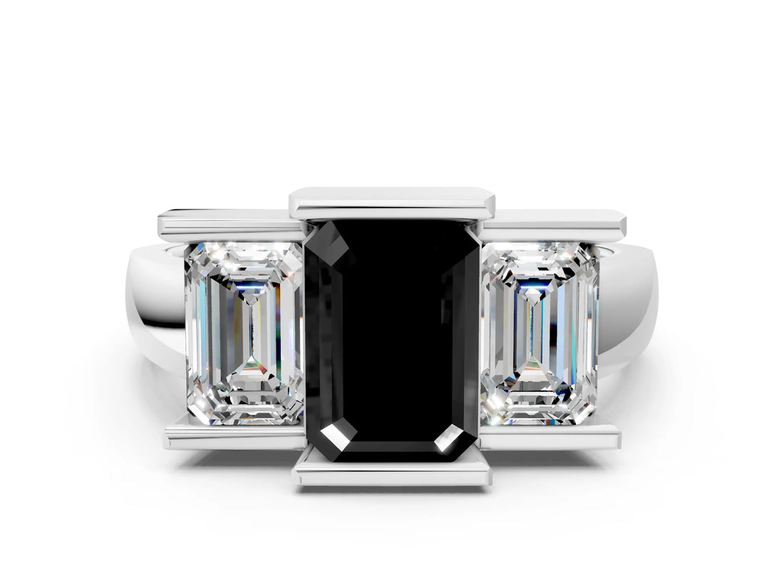 White gold Three Stone Fancy Black Emerald Cut Cut Channel Set Diamond Ring_24