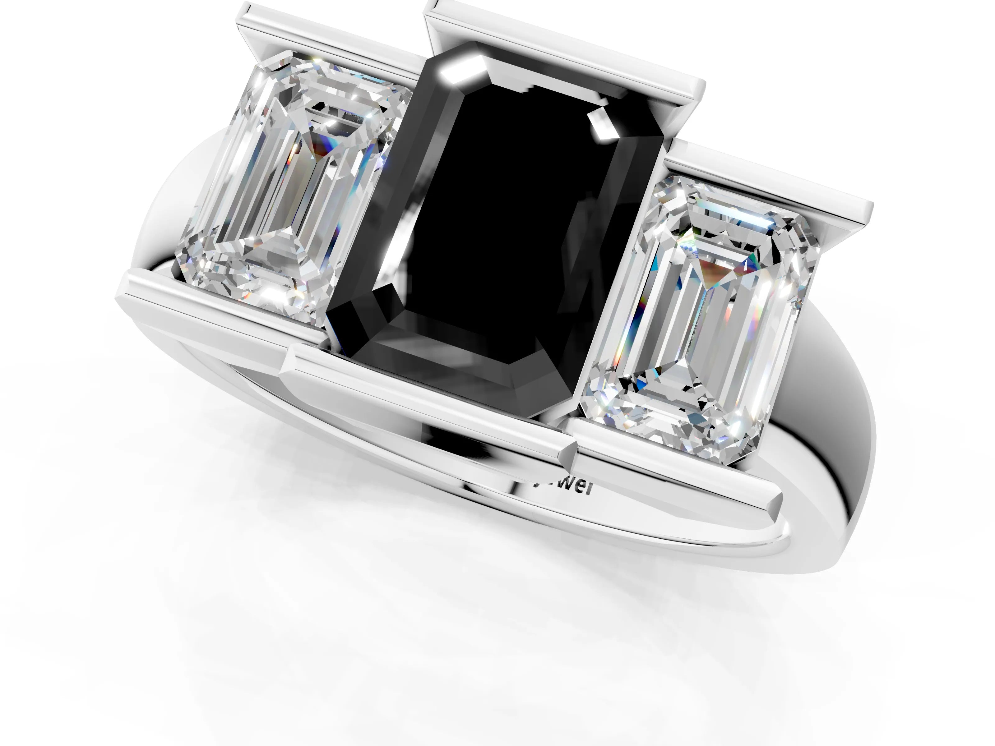 White gold Three Stone Fancy Black Emerald Cut Cut Channel Set Diamond Ring_25