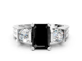 White gold Three-Stone Fancy Black Emerald Cut Cut Classic Band Prong Setting Ring