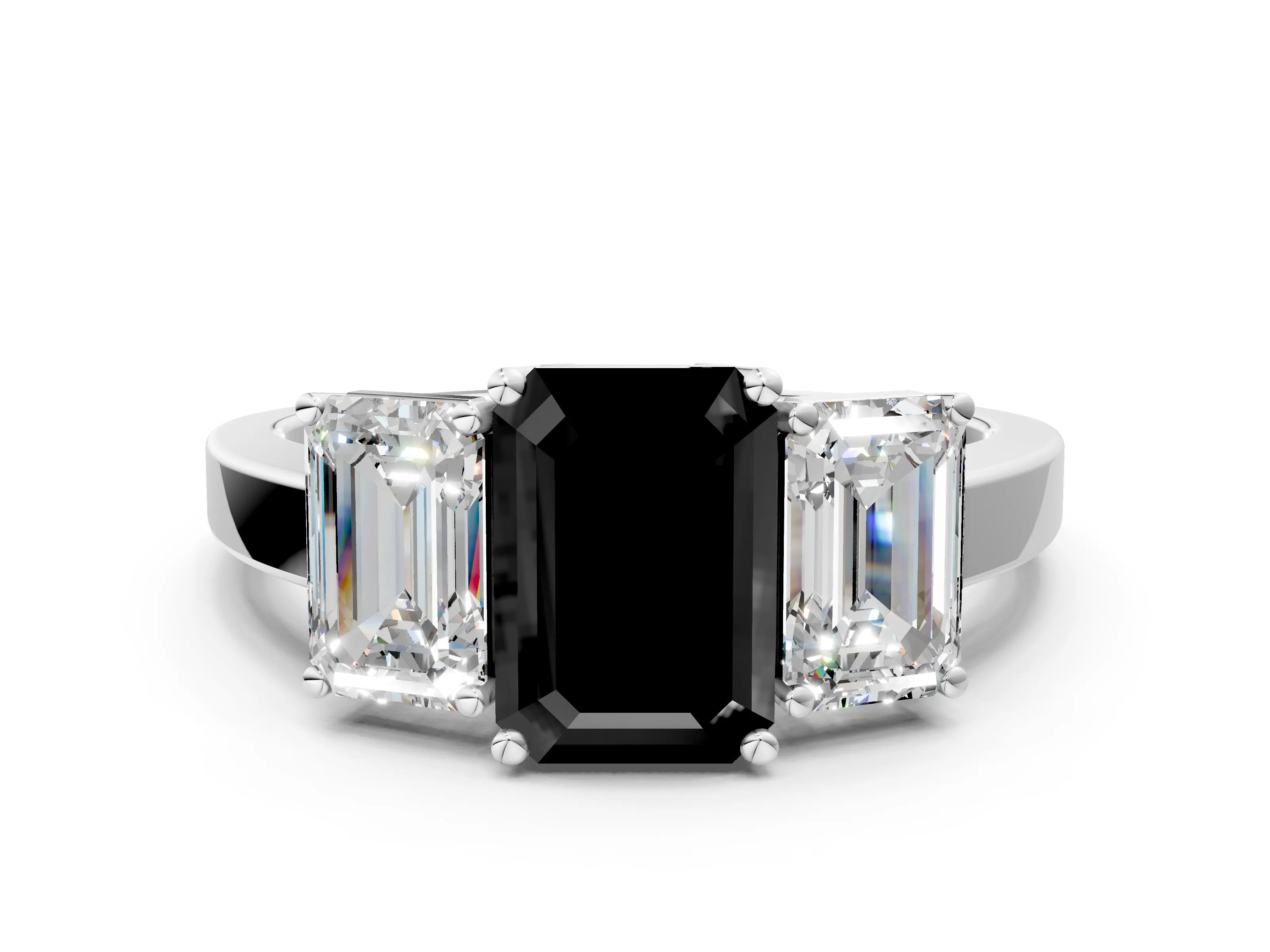 White gold Three-Stone Fancy Black Emerald Cut Cut Diamond Engagement Ring with Flat Band and Four-Prong Setting