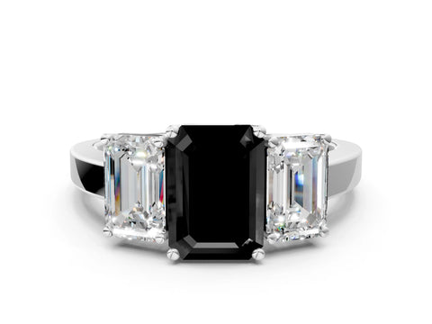 White gold Three-Stone Fancy Black Emerald Cut Cut Diamond Engagement Ring with Flat Band and Four-Prong Setting_12