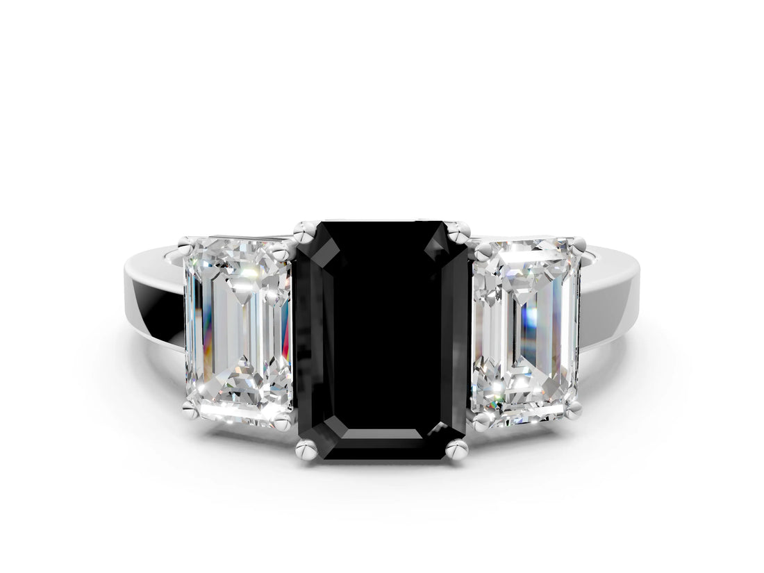 White gold Three-Stone Fancy Black Emerald Cut Cut Diamond Engagement Ring with Flat Band and Four-Prong Setting_12