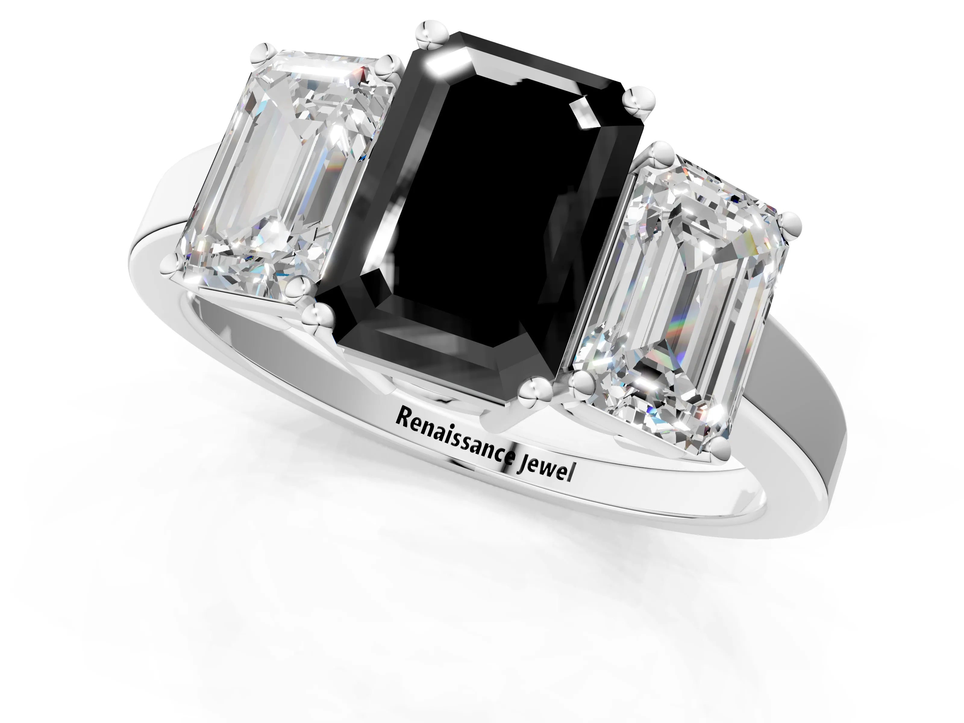 White gold Three-Stone Fancy Black Emerald Cut Cut Diamond Engagement Ring with Flat Band and Four-Prong Setting_13