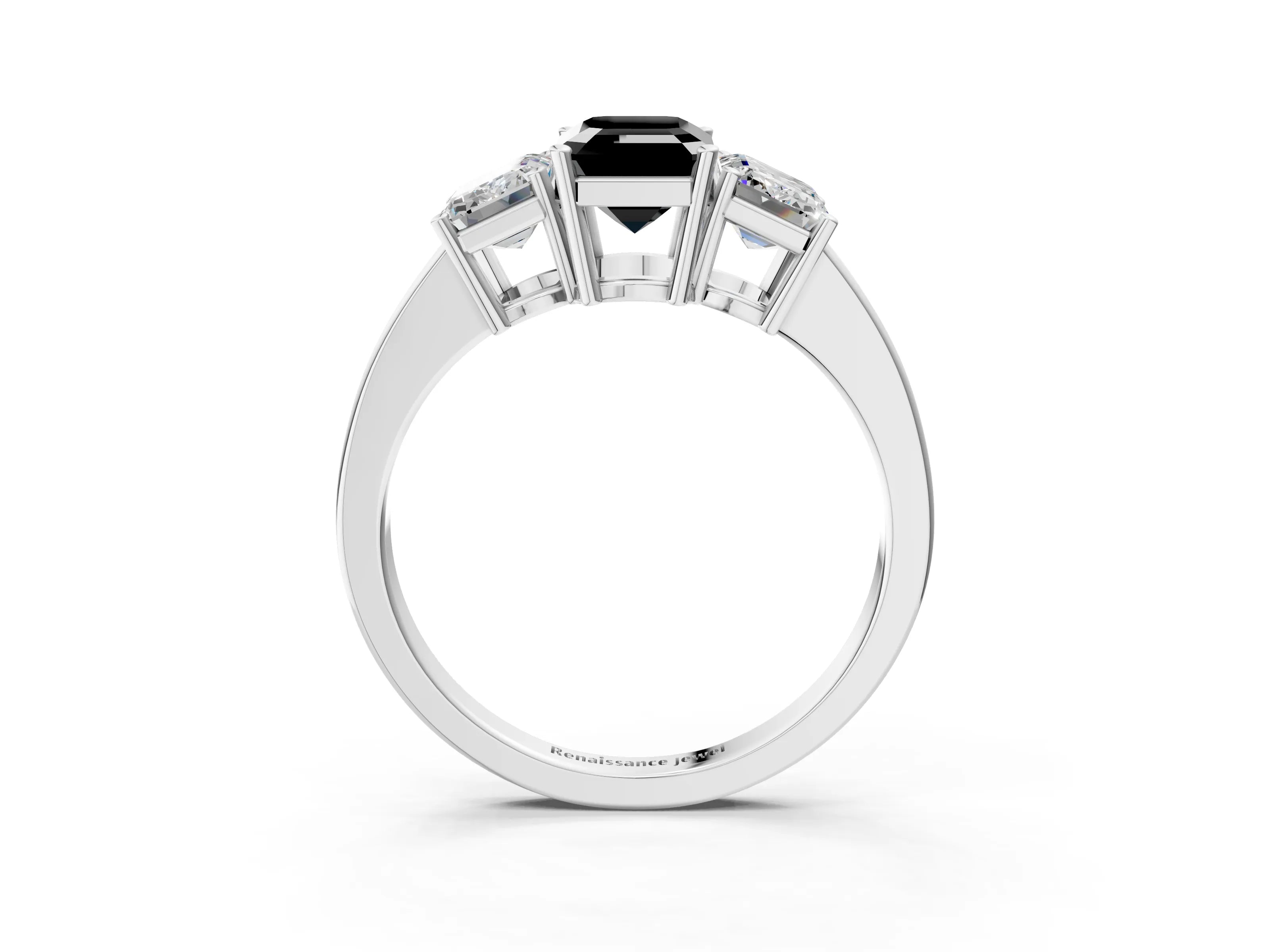 White gold Three-Stone Fancy Black Emerald Cut Cut Diamond Engagement Ring with Flat Band and Four-Prong Setting_15