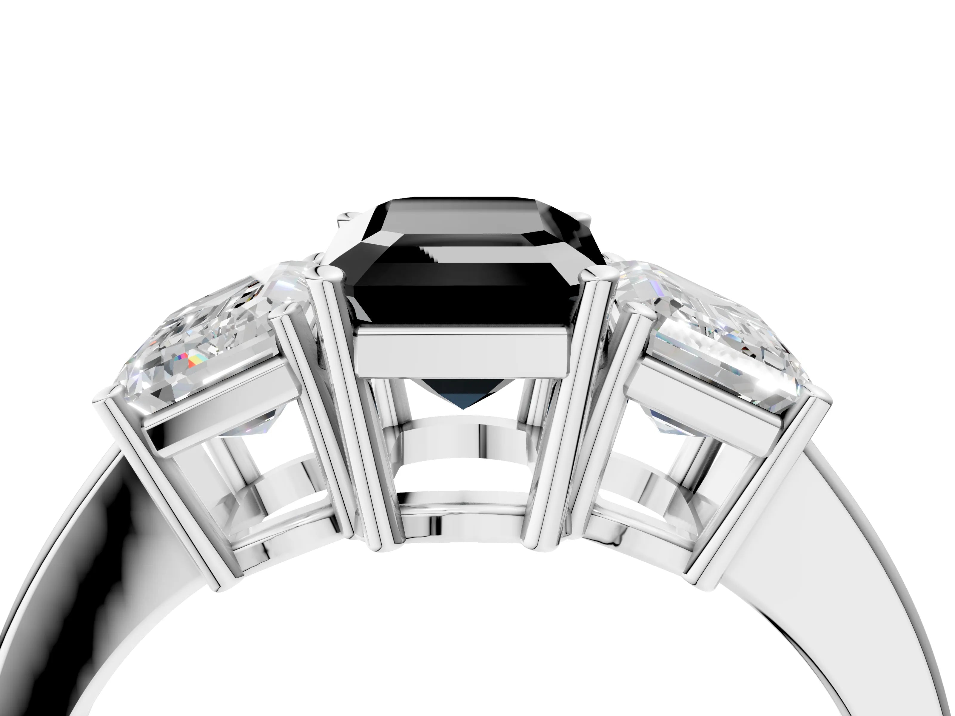 White gold Three-Stone Fancy Black Emerald Cut Cut Diamond Engagement Ring with Flat Band and Four-Prong Setting_16