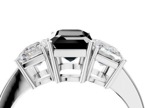 White gold Three-Stone Fancy Black Emerald Cut Cut Diamond Engagement Ring with Flat Band and Four-Prong Setting_16