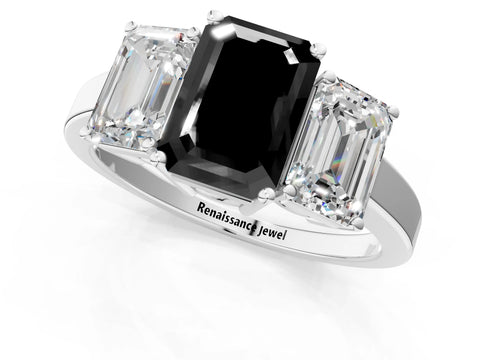 White gold Three-Stone Fancy Black Emerald Cut Cut Diamond Engagement Ring with Flat Band and Four-Prong Setting_1
